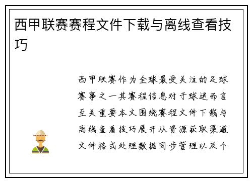 西甲联赛赛程文件下载与离线查看技巧
